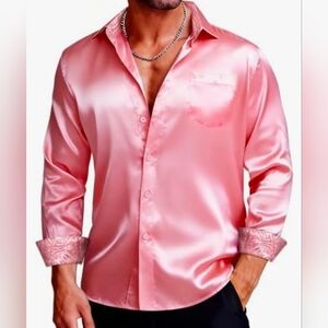 DiBanGu Mens Pink Satin LS Button Down Shirt.